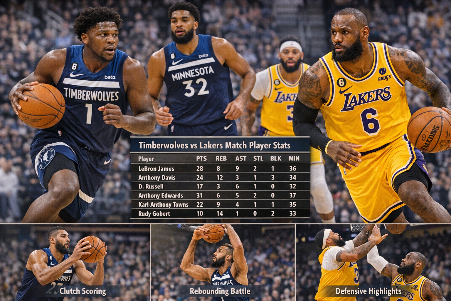 timberwolves vs lakers match player stats