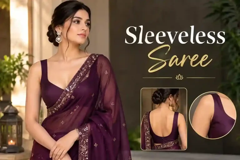 Elegant woman wearing a plum sleeveless saree with a matching blouse and embellished border.
