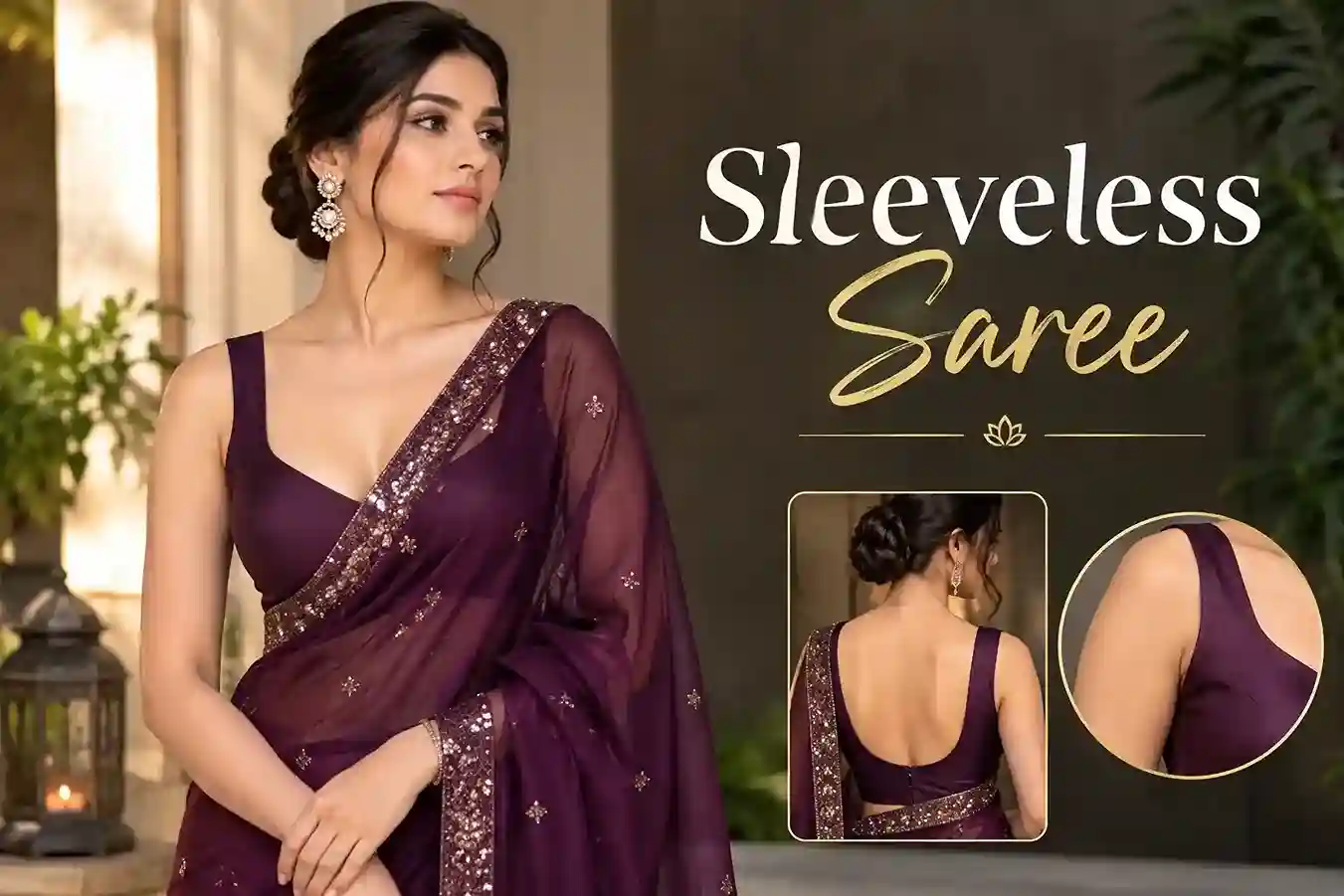Elegant woman wearing a plum sleeveless saree with a matching blouse and embellished border.