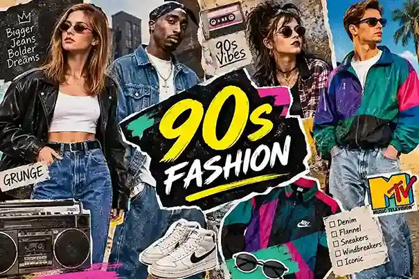 90s fashion featuring retro denim, grunge outfits, sneakers, windbreakers, and vintage streetwear styles