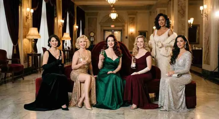 Six elegant women in vintage classic Hollywood glamour silk gowns in a luxurious marble hall venue.