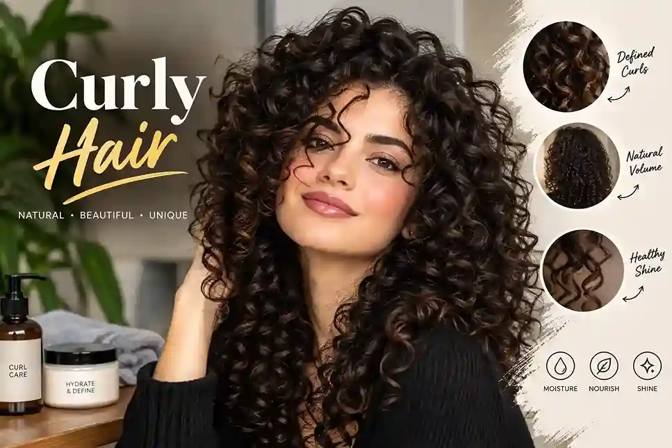 Woman with voluminous natural curly hair and curly hair care products.