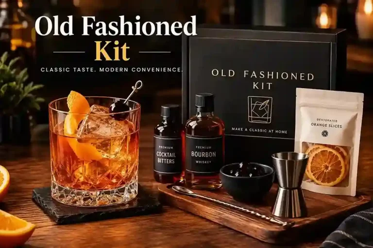 Old Fashioned Kit with cocktail glass, bitters, bourbon, orange slices, and bar tools