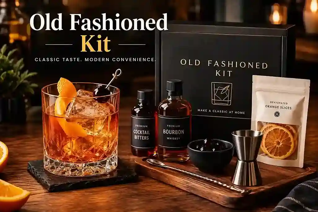 Old Fashioned Kit with cocktail glass, bitters, bourbon, orange slices, and bar tools
