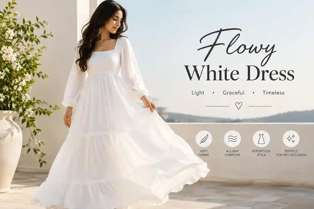 Elegant woman wearing a flowy white dress