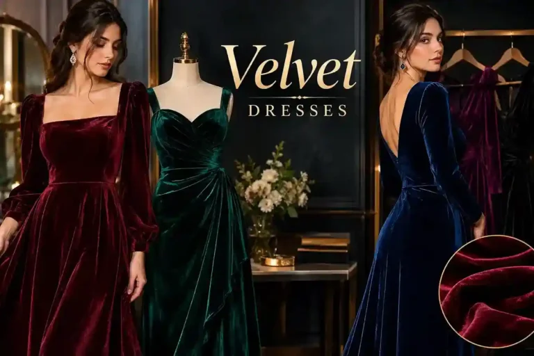 Elegant velvet dresses in burgundy, emerald green, and navy blue for special occasions and evening wear.
